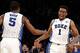 Dec 19, 2013; New York, NY, USA; Duke Blue Devils forward Jabari Parker (1) celebrates with Duke Blue Devils forward Rodney Hood (5) after scoring against the UCLA Bruins during the second half at Madison Square Garden. The Blue Devils won 80-63. Mandator