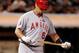 OAKLAND, CA - JULY 26: Albert Pujols #5 of the Los Angeles Angels of Anaheim looks at his second broken bat of the night against the Oakland Athletics at O.co Coliseum on July 26, 2013 in Oakland, California. The A's won 6-4. (Photo by Brian Bahr/Getty