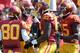 LOS ANGELES, CA - SEPTEMBER 21: Xavier Grimble #86 of the USC Trojans celebrates his touchdown for a 14-0 lead over the Utah State Aggies with De'Von Flournoy #80, Randall Telfer #82 and Nelson Agholor #15 during the second quarter at the Los Angeles Mem