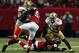 ATLANTA, GA - JANUARY 20: Running back Frank Gore #21 of the San Francisco 49ers runs the ball in the third quarter against the Atlanta Falcons in the NFC Championship game at the Georgia Dome on January 20, 2013 in Atlanta, Georgia. (Photo by Mike Ehrm