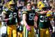 GREEN BAY, WI - OCTOBER 06: A.J. Hawk #50 of the Green Bay Packers reacts to his tackle on third down to stop the Detroit Lions in front of Mason Crosby #2 and Tramon Williams #38 at Lambeau Field on October 6, 2013 in Green Bay, Wisconsin. Green Bay wo