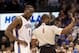 Mar, 9, 2012; Oklahoma City OK, USA; Oklahoma City Thunder center Kendrick Perkins (5) speaks to referee Tony Brown (6) during the second quarter against the Cleveland Cavaliers at Chesapeake Energy Arena Mandatory Credit: Richard Rowe-USA TODAY Sports