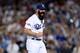 LOS ANGELES, CA - OCTOBER 14: Brian Wilson #00 of the Los Angeles Dodgers reacts after he strikes out Matt Carpenter #13 of the St. Louis Cardinals in the eighth inning in Game Three of the National League Championship Series at Dodger Stadium on October