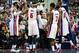 Dec 13, 2013; Auburn Hills, MI, USA; Detroit Pistons small forward Josh Smith (6) celebrates with teammates center Andre Drummond (0) point guard Brandon Jennings (7) and power forward Greg Monroe (10) during the second quarter against the Brooklyn Nets a