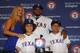 ARLINGTON, TX - NOVEMBER 25: Prince Fielder #84 of the Texas Rangers poses for photos with his wife, Chanel and sons, (L) Jaden and Haven after being introduced as the newest member of the Rangers on November 25, 2013 in Arlington, Texas. (Photo by Rona
