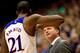 LAWRENCE, KS - DECEMBER 21: Head coach Bill Self of the Kansas Jayhawks talks with Joel Embiid #21 during the game against the Georgetown Hoyas at Allen Fieldhouse on December 21, 2013 in Lawrence, Kansas. (Photo by Jamie Squire/Getty Images)