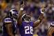Oct 27, 2013; Minneapolis, MN, USA; Minnesota Vikings running back Adrian Peterson (28) celebrates his touchdown run against the Green Bay Packers in the second quarter at Mall of America Field at H.H.H. Metrodome. Mandatory Credit: Bruce Kluckhohn-USA TO