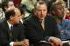 HOUSTON - OCTOBER 12: (L-R) Head coach Jeff Van Gundy and assistant coach Tom Thibodeau of the Houston Rockets talk during the preseason game against the Orlando Magic on October 12, 2005 at the Toyota Center in Houston, Texas. The Rockets won 84-80. NOT