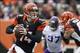 Dec 22, 2013; Cincinnati, OH, USA; Cincinnati Bengals quarterback Andy Dalton (14) runs the ball in the second quarter of the game against the Minnesota Vikings at Paul Brown Stadium. Mandatory Credit: Trevor Ruszkowksi-USA TODAY Sports