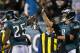 PHILADELPHIA, PA - DECEMBER 22: Running back LeSean McCoy #25 of the Philadelphia Eagles is congratulated by quarterback Nick Foles #9 after scoring a touchdown against the Chicago Bears in during the third quarter of a game at Lincoln Financial Field on