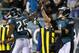 PHILADELPHIA, PA - DECEMBER 22: Running back LeSean McCoy #25 of the Philadelphia Eagles is congratulated by quarterback Nick Foles #9 after scoring a touchdown against the Chicago Bears in during the third quarter of a game at Lincoln Financial Field on