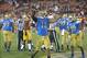 Nov 30, 2013; Los Angeles, CA, USA; UCLA Bruins linebacker Anthony Barr (11) celebrates after sacking Southern California Troans quarterback Cody Kessler (not pictured) in the fourth quarter at Los Angeles Memorial Coliseum. Mandatory Credit: Kirby Lee-US