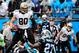 CHARLOTTE, NC - DECEMBER 22: Jimmy Graham #80 of the New Orleans Saints has words for Quintin Mikell #27 of the Carolina Panthers after beating him for a touchdown during their game at Bank of America Stadium on December 22, 2013 in Charlotte, North Caro
