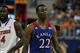 Dec 10, 2013; Gainesville, FL, USA; Kansas Jayhawks guard Andrew Wiggins (22) reacts against the Florida Gators during the first half at Stephen C. O'Connell Center. Mandatory Credit: Kim Klement-USA TODAY Sports