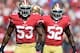 Oct 7, 2012; San Francisco, CA, USA; San Francisco 49ers linebackers NaVorro Bowman (53) and Patrick Willis (52) react after a tackle in the first quarter against the Buffalo Bills at Candlestick Park. The 49ers defeated the Bills 45-3. Mandatory Credit: