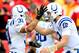 KANSAS CITY, MO - DECEMBER 22: Running back Donald Brown #31 of the Indianapolis Colts is congratulated by quarterback Andrew Luck #12 after scoring a touchdown during the 1st half of the game against the Kansas City Chiefs at Arrowhead Stadium on Decemb