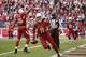 GLENDALE, AZ - DECEMBER 08: Wide receiver Larry Fitzgerald #11 of the Arizona Cardinals reacts after scoring on a 7 yard touchdown reception against the St. Louis Rams during the second quarter of the NFL game at the University of Phoenix Stadium on Dece