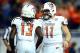Dec 6, 2013; Detroit, MI, USA; Bowling Green Falcons running back Travis Greene (13) celebrates with quarterback Matt Johnson after a touchdown during the third quarter against the Northern Illinois Huskies at Ford Field. Mandatory Credit: Andrew Weber-US