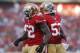 Dec 1, 2013; San Francisco, CA, USA; San Francisco 49ers inside linebacker Patrick Willis (52) and inside linebacker NaVorro Bowman (53) react after Willis recorded a sack against the St. Louis Rams in the fourth quarter at Candlestick Park. The 49ers def