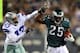 PHILADELPHIA, PA - NOVEMBER 11: Gerald Sensabaugh #43 of the Dallas Cowboys shoves LeSean McCoy #25 of the Philadelphia Eagles out of bounds on November 11, 2012 at Lincoln Financial Field in Philadelphia, Pennsylvania.The Dallas Cowboys defeated the Ph