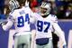 EAST RUTHERFORD, NJ - NOVEMBER 24: Jason Hatcher #97 of the Dallas Cowboys celebrates with teammate DeMarcus Ware #94 after he sacked Eli Manning of the New York Giants at MetLife Stadium on November 24, 2013 in East Rutherford, New Jersey. (Photo by El