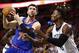 Dec 13, 2013; Boston, MA, USA; New York Knicks power forward Andrea Bargnani (77) shoots the ball over Boston Celtics shooting guard Jeff Green (8) during the first half at TD Garden. Mandatory Credit: Mark L. Baer-USA TODAY Sports