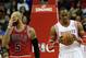 HOUSTON, TX - DECEMBER 18: Dwight Howard #12 and James Harden #13 of the Houston Rockets wait under the basket alongside Carlos Boozer #5 of the Chicago Bulls during the game at Toyota Center on December 18, 2013 in Houston, Texas. NOTE TO USER: User exp