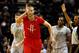 Dec 25, 2013; San Antonio, TX, USA; Houston Rockets forward Chandler Parsons (25) reacts after a shot during the first half against the San Antonio Spurs at AT&T Center. Mandatory Credit: Soobum Im-USA TODAY Sports