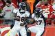 Dec 1, 2013; Kansas City, MO, USA; Denver Broncos running back Knowshon Moreno (27) celebrates with running back Montee Ball (28) after scoring a touchdown against the Kansas City Chiefs in the first half at Arrowhead Stadium. Mandatory Credit: John Riege