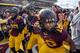 MINNEAPOLIS, MN - OCTOBER 26: Jalen Myrick #28, Damarius Travis #7 and Jamel Harbison #16 of the Minnesota Golden Gophers celebrate a win of the game against the Nebraska Cornhuskers on October 26, 2013 at TCF Bank Stadium in Minneapolis, Minnesota. The G