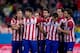 MADRID, SPAIN - DECEMBER 21: Diego Costa (2ndL) of Atletico de Madrid celebrates scoring their third goal with teammates during the La Liga match between Club Atletico de Madrid and Levante UD at Vicente Calderon Stadium on December 21, 2013 in Madrid, S