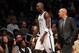 Oct 12, 2013; Brooklyn, NY, USA; Brooklyn Nets head coach Jason Kidd and Brooklyn Nets power forward Kevin Garnett (2) walk to the bench during the first half of the preseason game against the Detroit Pistons at Barclays Center. Mandatory Credit: Joe Camp
