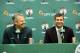 WALTHAM, MA - JULY 5: New Boston Celtics head coach Brad Stevens (R) is introduced to the media by President of Basketball Operations Danny Ainge July 5, 2013 in Waltham, Massachusetts. Stevens was hired away from Butler University where he led the Bulldo