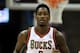 MILWAUKEE, WI - NOVEMBER 2: Larry Sanders #8 of the Milwaukee Bucks runs up the court after dunking the basketball during the game against the Toronto Raptors at Bradley Center on November 2, 2013 in Milwaukee, Wisconsin. NOTE TO USER: User expressly ackn