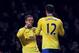 LONDON, ENGLAND - DECEMBER 26: Lukas Podolski of Arsenal (L) celebrates with Olivier Giroud (12) as he scores their third goal during the Barclays Premier League match between West Ham United and Arsenal at Boleyn Ground on December 26, 2013 in London, E