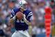 5 Dec 1999: Peyton Manning #18 of the Indianapolis Colts passes the ball during the game against the Miami Dolphins at the Pro Player Stadium in Miami, Florida. The Colts defeated the Dolphins 37-34. Mandatory Credit: Andy Lyons /Allsport