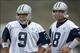 Jul 21, 2013; Oxnard, CA, USA; Dallas Cowboys quarterbacks Tony Romo (9) and Kyle Orton (18) at training camp at the River Ridge Fields. Mandatory Credit: Kirby Lee-USA TODAY Sports