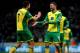 LONDON, ENGLAND - DECEMBER 26: Norwich's Gary Hooper (R) celebrates scoring the first goal of the game with team mate Robert Snodgrass during the Barclays Premier League match between Norwich City and Fulham at Carrow Road on December 26, 2013 in London,