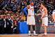 NEW YORK, NY - JANUARY 27: Carmelo Anthony #7 and Pablo Prigioni #9 of the New York Knicks speak during a game against the Atlanta Hawks at Madison Square Garden on January 27, 2013 in New York, New York. NOTE TO USER: User expressly acknowledges and agr