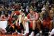 LOS ANGELES, CA - NOVEMBER 04: (R-L) Dwight Howard #12, Omer Asik #3, Jeremy Lin #7, Chandler Parsons #25 and James Harden #13 of the Houston Rockets react from the bench during a 137-118 loss to the Los Angeles Clippers at Staples Center on November 4,