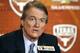 AUSTIN, TX - DECEMBER 15: University of Texas at Austin president Bill Powers answers questions regarding the resignation of football coach Mack Brown on December 15, 2013 in Austin, Texas. Moments earlier, Brown announced he will step down as coach after