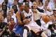Jun 19 2012; Miami, FL, USA; Miami Heat shooting guard Dwyane Wade (3) is defended by Oklahoma City Thunder point guard Russell Westbrook (0) during the second quarter of game four in the 2012 NBA Finals at the American Airlines Arena. Mandatory Credit: