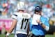 Oct 20, 2013; Jacksonville, FL, USA; San Diego Chargers quarterback Philip Rivers (17) talks to offensive coordinator Ken Whisenhunt during the first half of the game against the Jacksonville Jaguars at EverBank Field. Mandatory Credit: Melina Vastola-USA