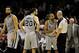 Nov 30, 2013; San Antonio, TX, USA; San Antonio Spurs guards Tony Parker (9) and Manu Ginobili (20) and Marco Belinelli (3) discuss a call with referee Gary Zielinski (59) against the Houston Rockets during the second half at the AT&T Center. Houston beat