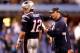 INDIANAPOLIS, IN - FEBRUARY 05: (L-R) Quarterback Tom Brady #12 and offensive coordinator Bill O'Brien of the New England Patriots talk against the New York Giants during Super Bowl XLVI at Lucas Oil Stadium on February 5, 2012 in Indianapolis, Indiana.