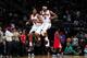 ATLANTA, GA - APRIL 24: Joe Johnson #2 of the Atlanta Hawks celebrates with teammate Josh Smith #5 during a game against the Los Angeles Clippers on April 24, 2012 at Philips Arena in Atlanta, Georgia. NOTE TO USER: User expressly acknowledges and agrees