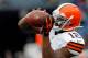 FOXBORO, MA - DECEMBER 8: Josh Gordon #12 of the Cleveland Browns catches a pass before a game with the New England Patriots at Gillette Stadium on December 8, 2013 in Foxboro, Massachusetts. (Photo by Jim Rogash/Getty Images)