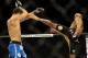 Jul 6, 2013; Las Vegas, NV, USA; Chris Weidman, blue shorts, defeated Anderson Silva (yellow shorts) in the second round with a TKO in their Middleweight Chamionship Bout at the MGM Grand Garden Arena. Mandatory Credit: Jayne Kamin-Oncea-USA TODAY Sports