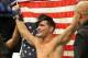 Jul 6, 2013; Las Vegas, NV, USA; Chris Weidman celebrates after defeating Anderson Silva in their Middleweight Chamionship Bout in the second round with a TKO at the MGM Grand Garden Arena. Mandatory Credit: Jayne Kamin-Oncea-USA TODAY Sports