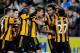 HULL, ENGLAND- DECEMBER 28: Tom Huddlestone (2nd R) of Hull city celebrates with team after scoring Hulls 4th goal during the Barclays Premier League match between Hull City and Fulham at KC stadium on December 28, 2013 in Hull, England. (Photo by Richard